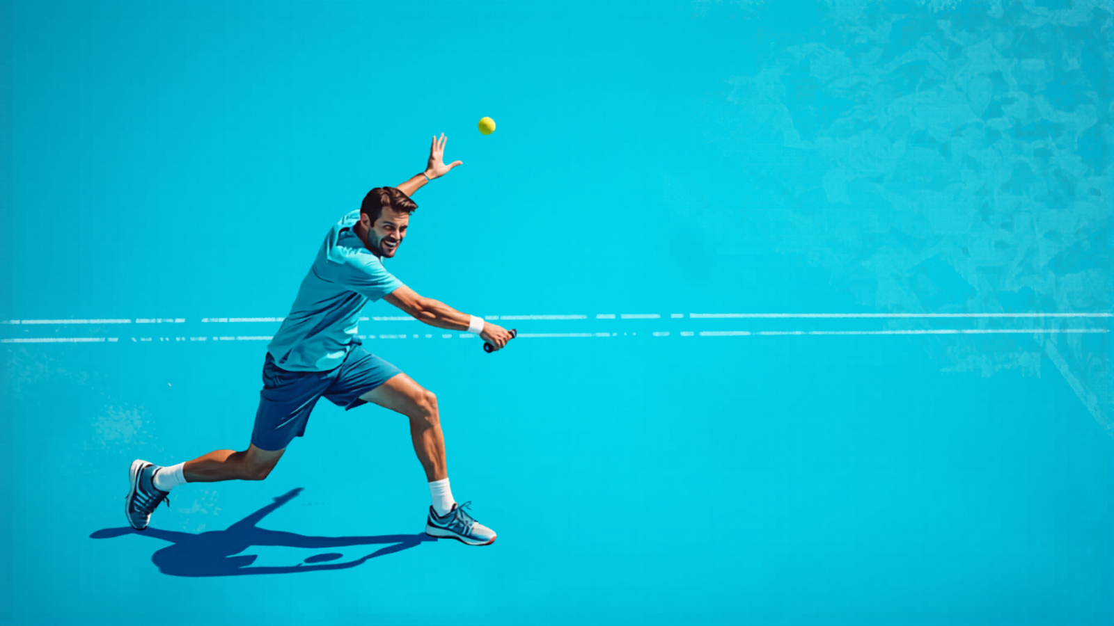 Padelspieler schlägt den Ball auf einem blauen Padelplatz in der Sonne